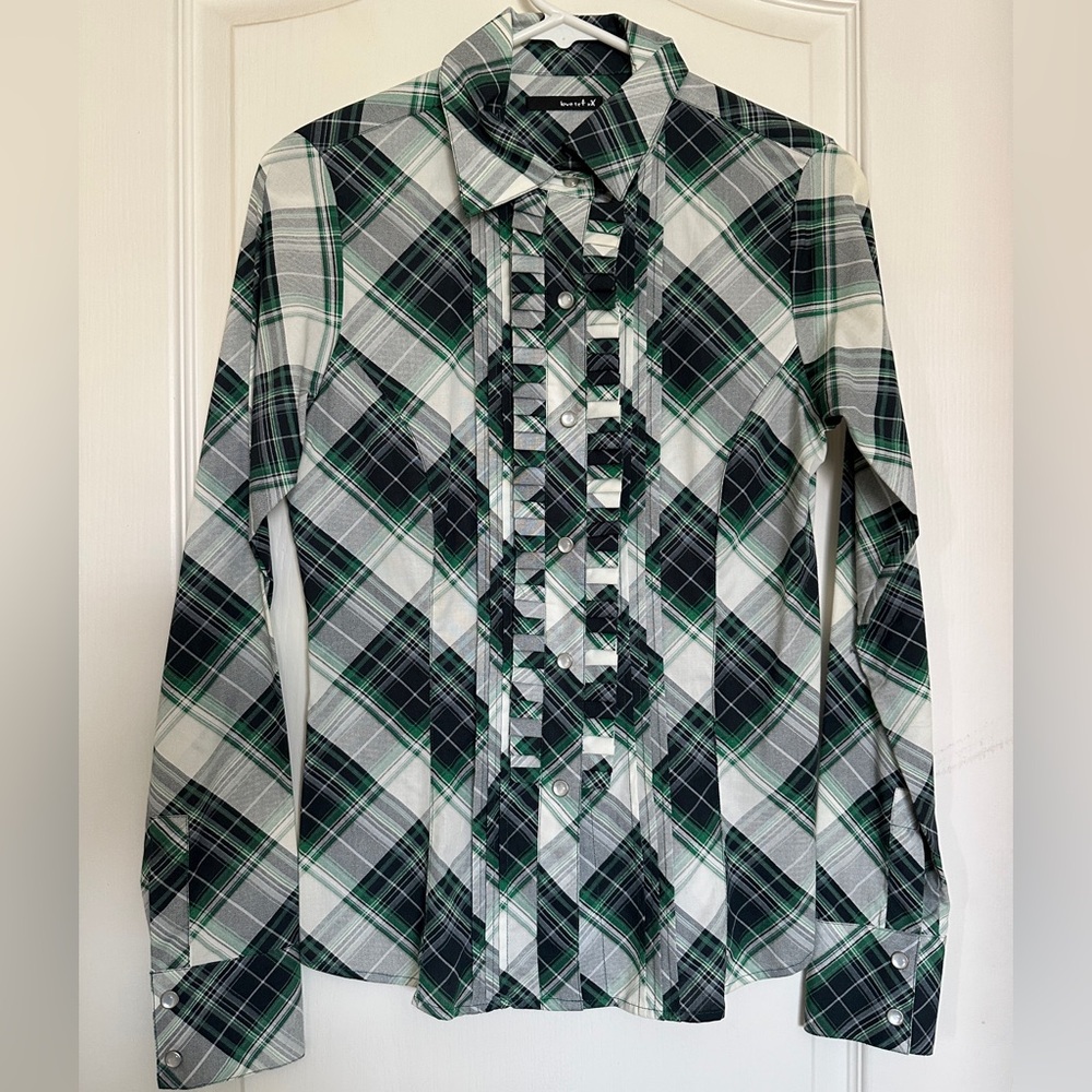 Green Plaid Ruffle Shirt - Size M